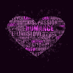 Social issues concept. Heart icon filled with tags cloud.