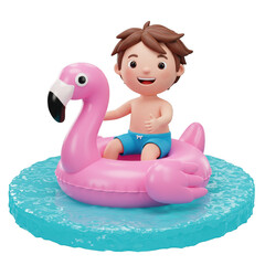 Happy cartoon boy enjoying a summer day floating on a pink flamingo pool float isolated on transparent background