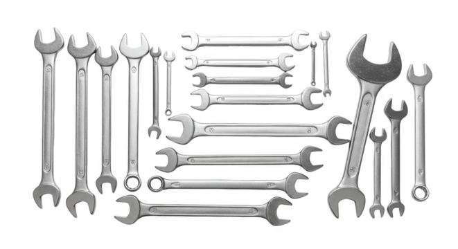 Isolated Tools Wrenches Arrangement On Transparent Background For Mechanic