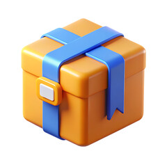 Stylized orange gift box with blue ribbon and white tag isolated on transparent background
