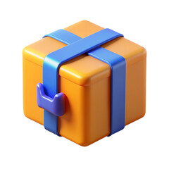 Stylized orange gift box with blue ribbon and bow isolated on transparent background