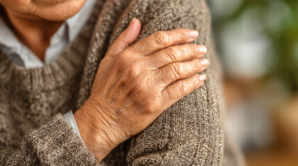 Salt intake concept. Close-up of elderly hands resting on a sweater, reflecting warmth.