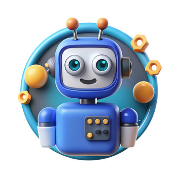 Cute blue robot with big eyes and orange accents isolated on transparent background