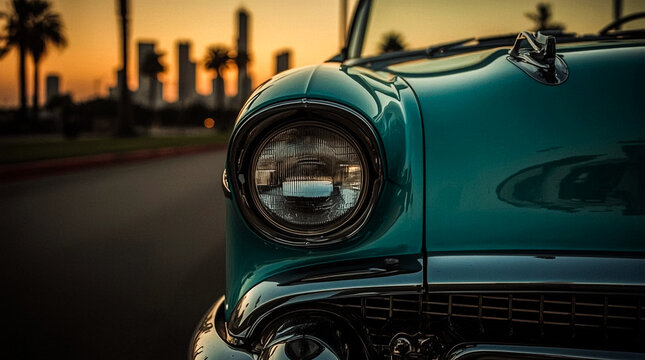 Classic teal american automobile gleaming under a warm sunset with palm trees and city skyline in the background - Powered by Adobe
