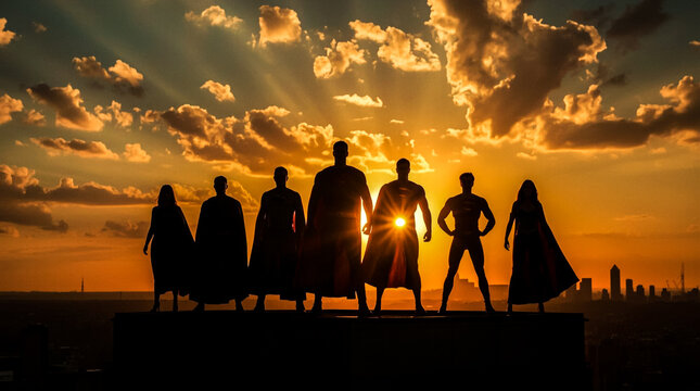 A team of superheroes stand in silhouette against a dramatic sunset sky overlooking a city skyline