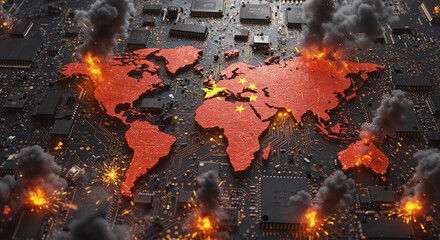 Global Crisis: World Map on Fire Amidst Urban Destruction