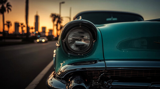 Iconic teal classic car gleaming under a warm sunset with palm trees and city skyline in the background