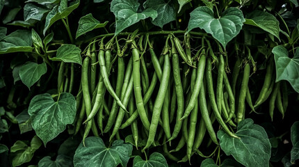 A close up view of a lush green bean plant with many pods hanging from the vine surrounded by large leaves