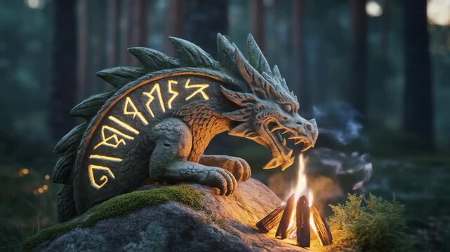 Ancient dragon statue by campfire illuminated runes fantasy art stone carving outdoor design