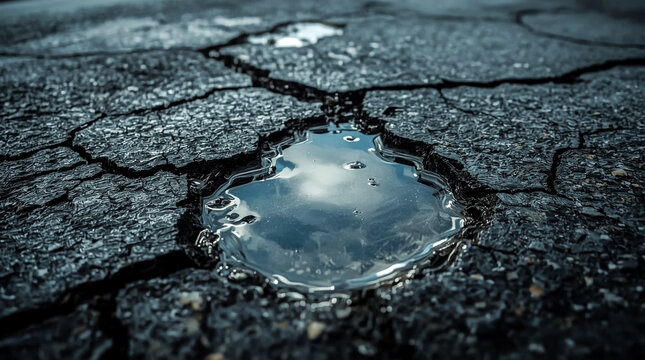 Close up view of a cracked asphalt surface with a reflective puddle of water showcasing texture and detail