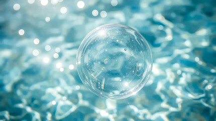 A single clear bubble floats serenely on the surface of shimmering blue water reflecting sunlight and creating a peaceful ethereal scene