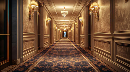 Fototapeta premium Elegant Hotel Hallway Featuring Ornate Lighting and Luxurious Carpet