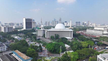 Aerial image of Monas and Istiqlal Mosque, two important icons of Jakarta, Indonesia