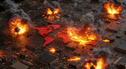 Global Conflict on Circuit Board: World Map Amidst Explosions and Flames