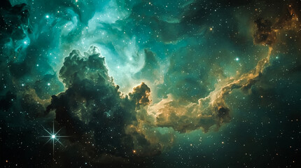 A vibrant celestial nebula glows with ethereal turquoise and golden hues dotted with countless twinkling stars in the vastness of space