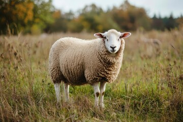 Obraz premium Cute Sheep Standing in a Green Meadow Surrounded by Nature