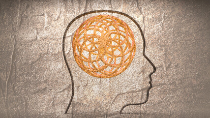 Personal growth and development. A man head in profile with a tangled ball of nerves. Business and education concept. Metaphor of problem solving, chaos and mess, difficult situation.