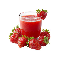 Freshly squeezed strawberry juice in a glass surrounded by ripe strawberries isolated on transparent background