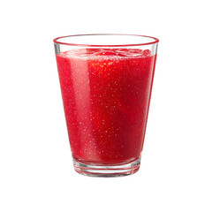 A refreshing glass of bright red strawberry smoothie with pulp and bubbles isolated on transparent background