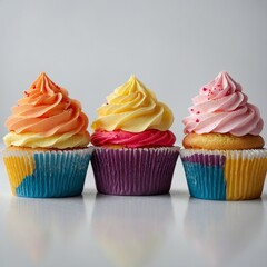 Row of colorful cupcakes on white background
