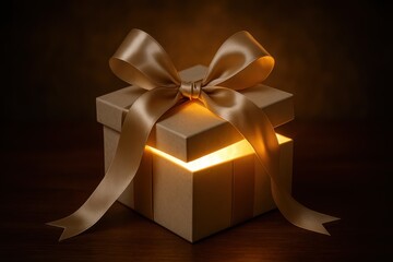 Elegant surprise gift box with bright red ribbon opening to reveal magical glowing interior