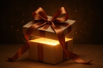 Elegant surprise gift box with bright red ribbon opening to reveal magical glowing interior