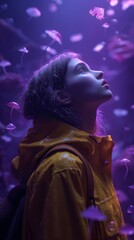 Fototapeta premium Young Woman Looking at Jellyfish in Aquarium with Purple Light