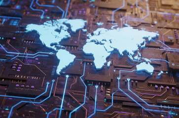 Digital World Map on Circuit Board with Illuminated Connections