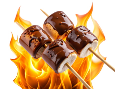 Close-Up of Flaming Chocolate-Covered Marshmallows on Wooden Sticks, Transparent PNG