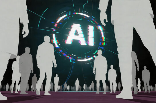 Silhouettes of people surrounding a glowing 'AI' symbol, representing artificial intelligence in society.