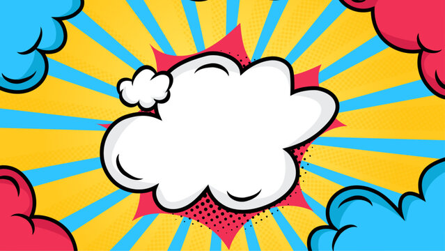 Colorful comic book background with speech bubble. Suitable for web banners, social media posts, invitations, and poster designs.
