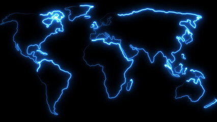 Illuminated blue outline of the world map against a black background illustrative design