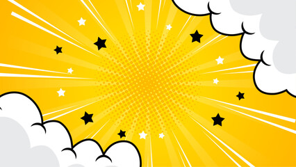 Yellow comic book background with stars and speech bubbles. Ideal for adding a fun touch to designs for kids products.
