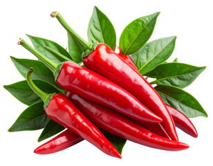 Front View Close-Up of Glossy Red Chili Peppers with Fresh Green Leaves, Transparent PNG