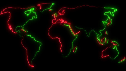 Glowing neon lines outline the world map displaying regions in red and green