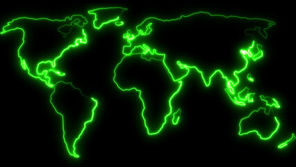 Illuminated green world map outline on black background illustrating global connectivity