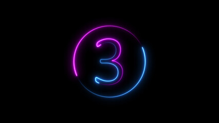 Neon number three with pink and blue lights glowing on a black background