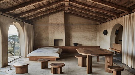 Inviting bedroom interior with raw wood furniture and arched windows provides a calming escape