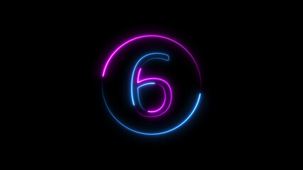 Illuminated number six with neon light effect on a black background display