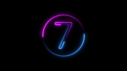 Illuminated neon number seven inside a circle against a deep black background