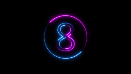 Glowing neon number eight with vibrant pink and blue light on black background