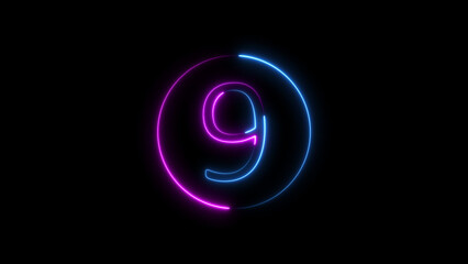 Glowing neon number nine in a futuristic style on a black background