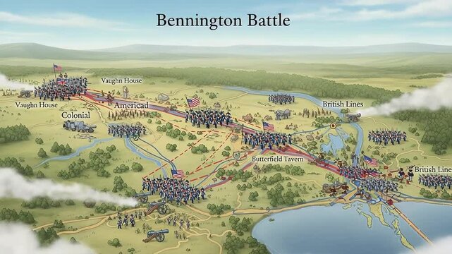 Animated depiction of the Bennington Battle displaying troop movements and strategic locations during the American Revolutionary War