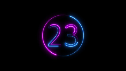 Neon 23 within a circle glowing with pink and blue lights on a black background