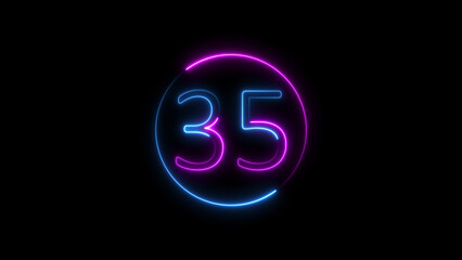 Glowing neon sign with number thirty five inside of a brightly lit circle
