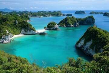 Fototapeta premium Serene Coastal Landscape with Turquoise Waters and Lush Greenery