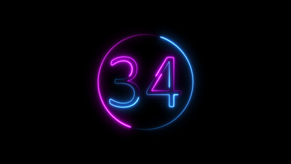 Glowing neon number thirty four in a circle with black background and futuristic aesthetic