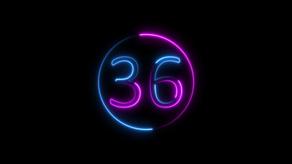 Glowing neon number thirty six inside a colorful illuminated circle on black background