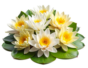  Front View Close-Up of White and Yellow Water Lilies Cluster with Green Leaves, Transparent PNG