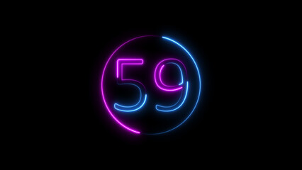 Illuminated neon style number fifty nine inside a glowing circle on black background